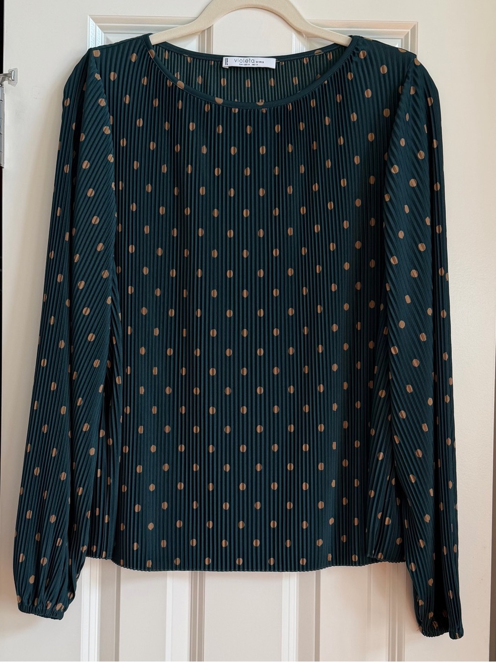 Mango Violeta Pleated Polka Dot Blouse Dark Green Gold Sz M Plisse Fall Holiday